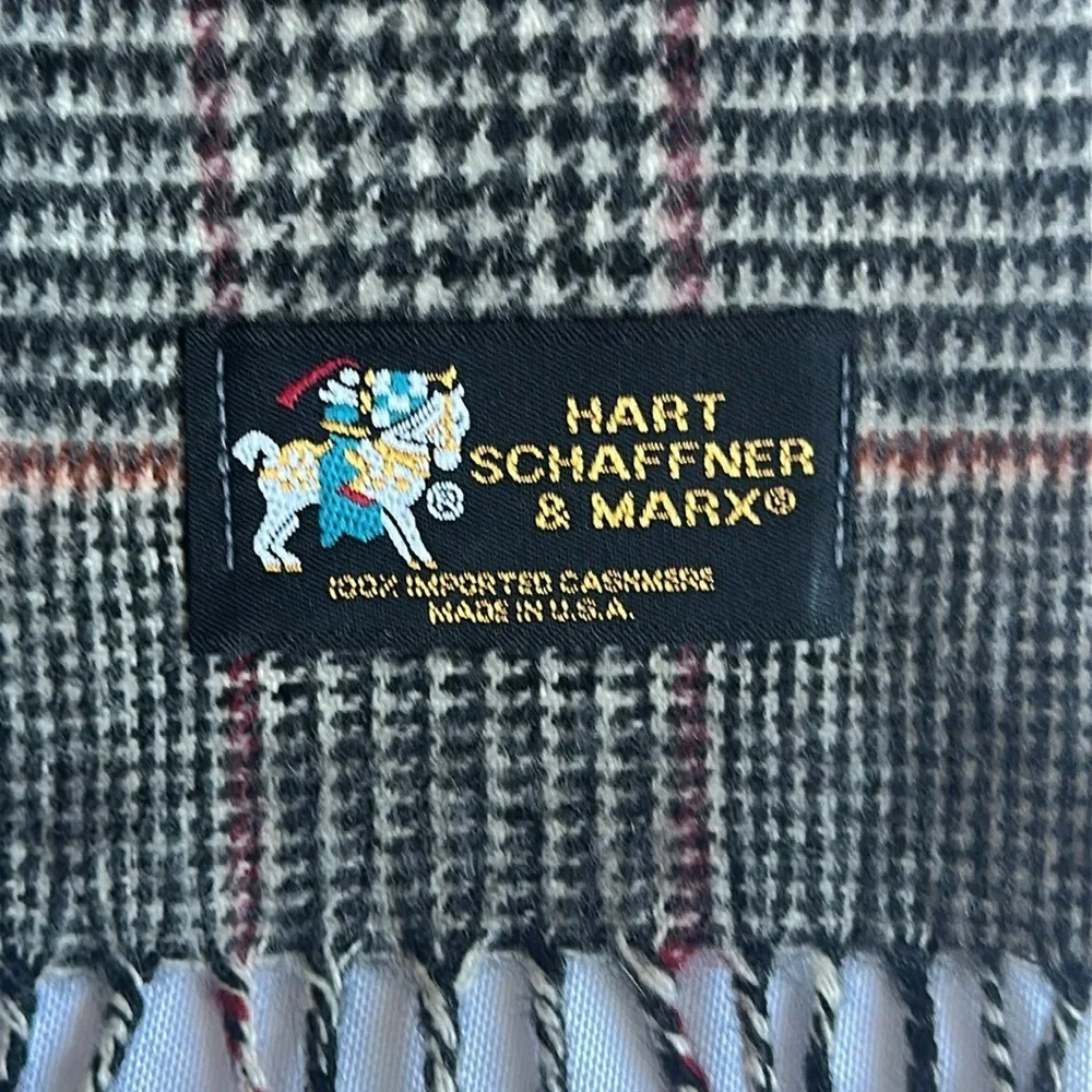 Hart Schaffner&Marx gray, red & tan tartan plaid 100%cashmere scarf with fringe